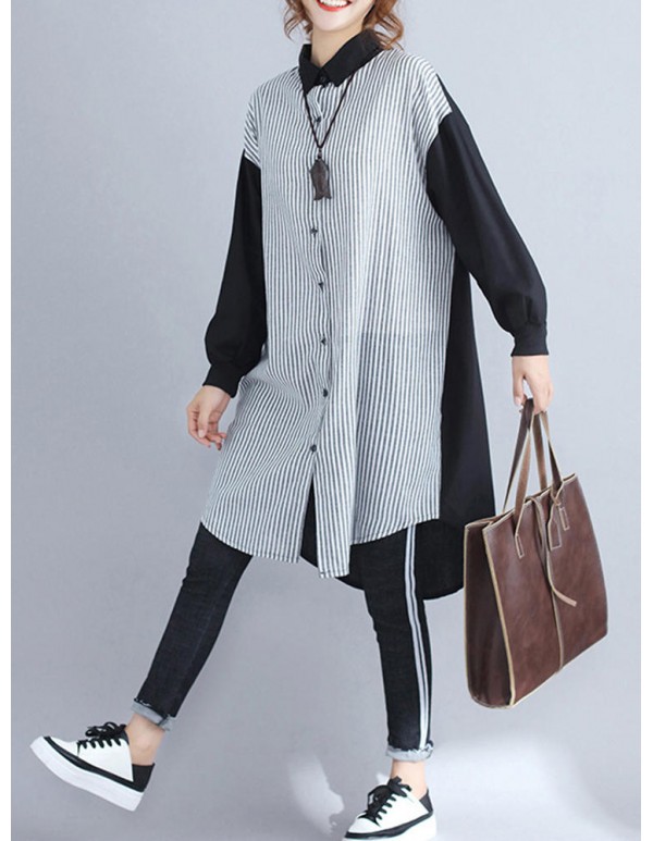 Women Patchwork Stripe Long Sleeves Long Shirts