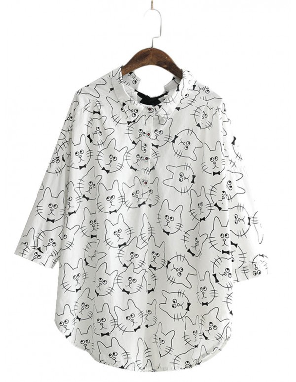 Women Fashion Cat Print Half Sleeves Loose Shirts