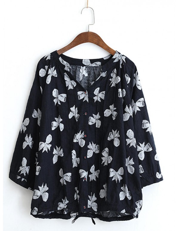 Women Butterfly Print V-neck Long Sleeves Blouse