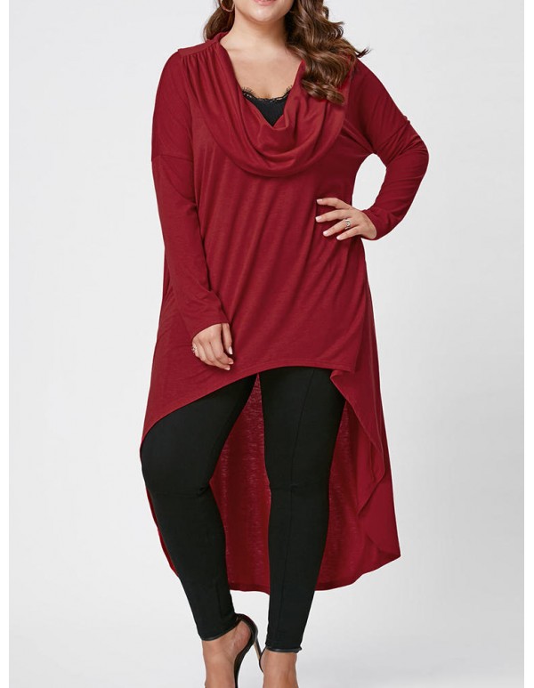 Women Plus Size Solid Color Irregular Hem Long Blouse