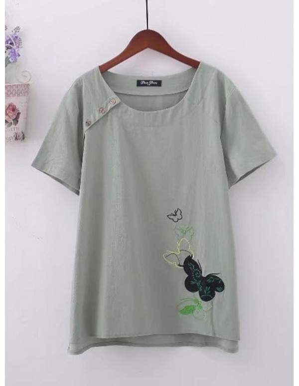 Women Floral Embroidery Short Sleeves Blouse