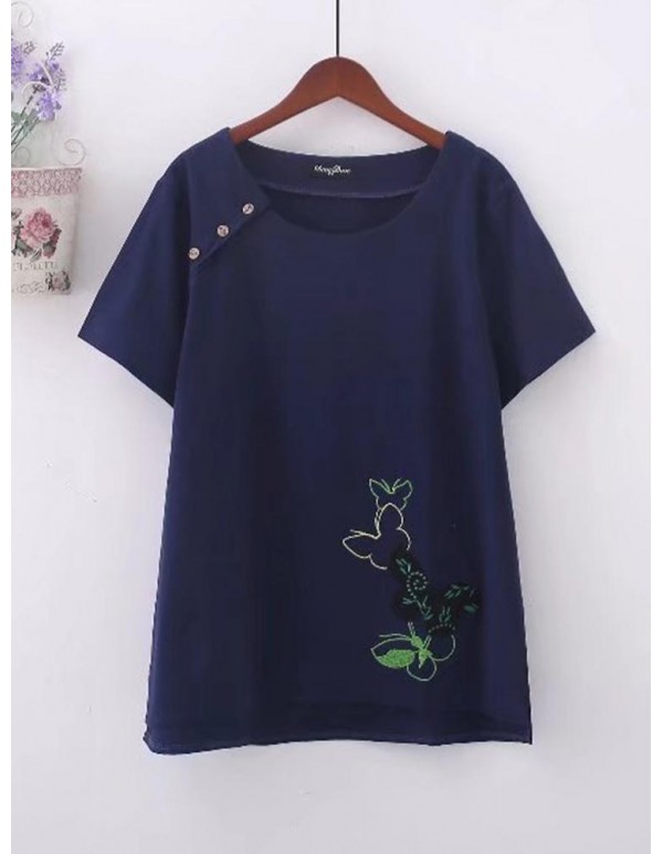 Women Floral Embroidery Short Sleeves Blouse