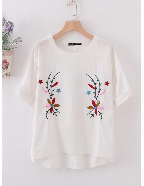 Women Vintage Floral Embroidery Batwing Sleeves Blouse