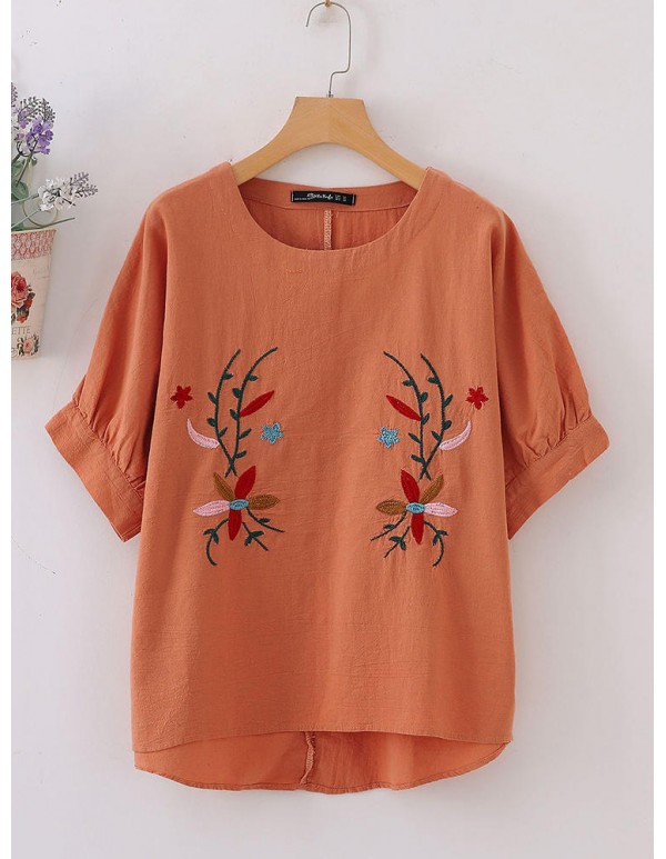 Women Vintage Floral Embroidery Batwing Sleeves Blouse