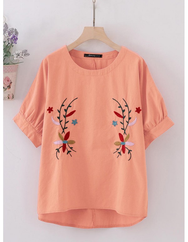 Women Vintage Floral Embroidery Batwing Sleeves Blouse