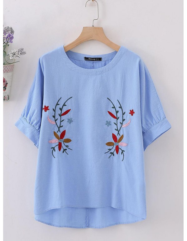 Women Vintage Floral Embroidery Batwing Sleeves Blouse