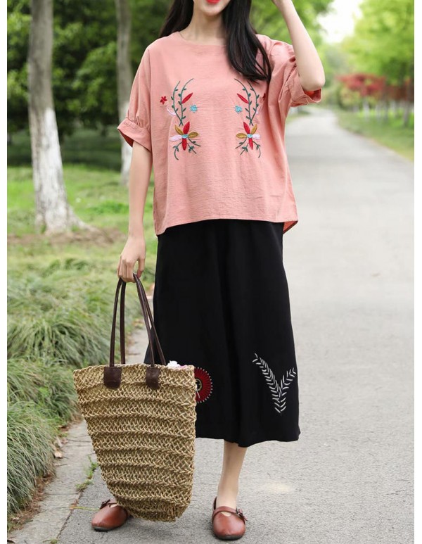 Women Vintage Floral Embroidery Batwing Sleeves Blouse