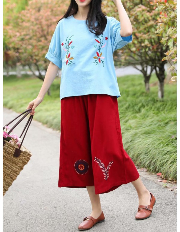 Women Vintage Floral Embroidery Batwing Sleeves Blouse