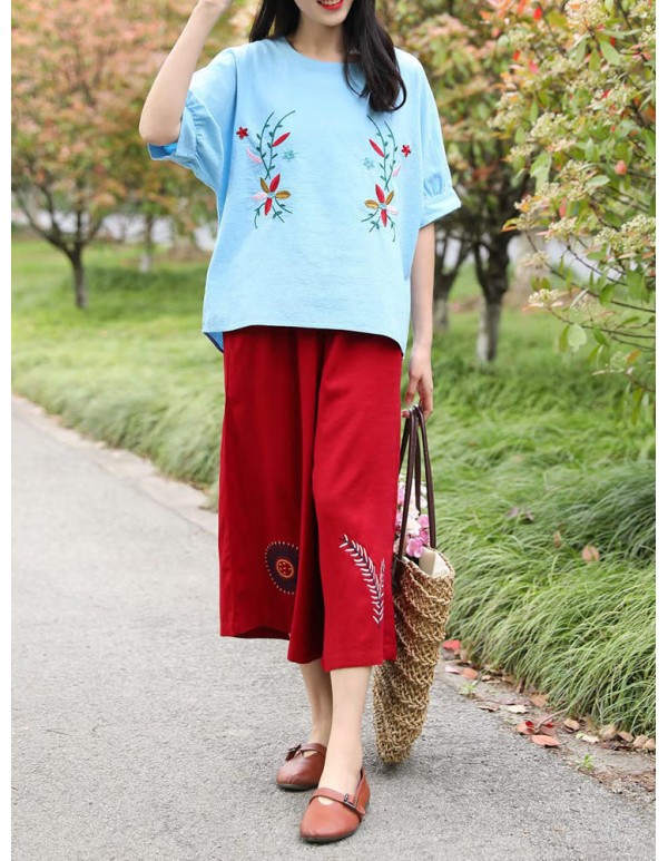 Women Vintage Floral Embroidery Batwing Sleeves Blouse