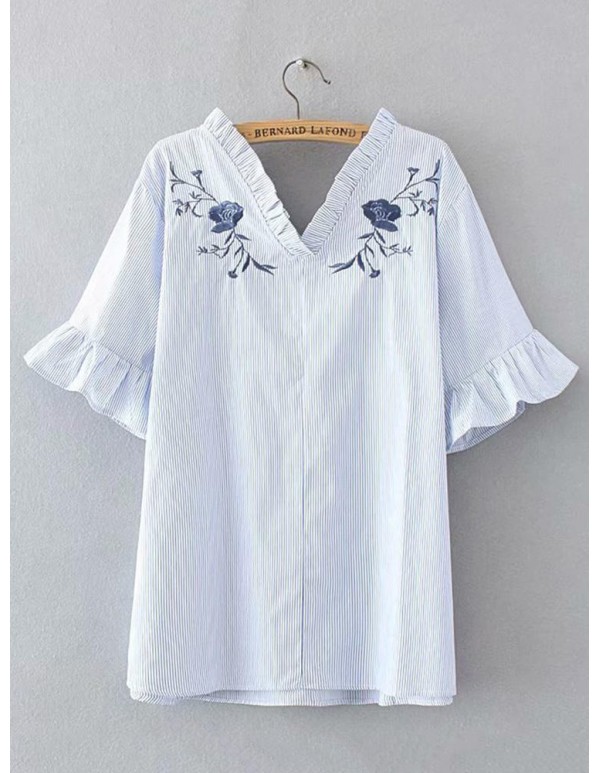 Women Vintage Embroidery V-neck Ruffles Sleeves Striped Blouse