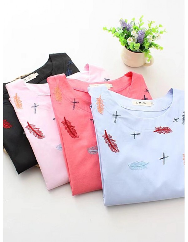 Plus Size Women Feather Embroidery Short Sleeves Blouse