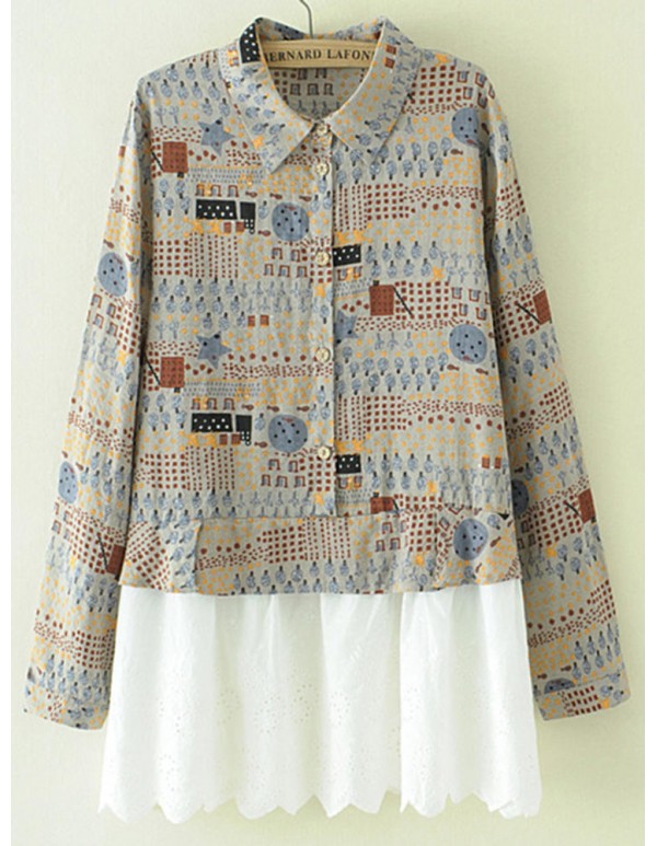 Women Vintage Printed Patchwork Hollowed-out Hem Long Sleeves Shirts