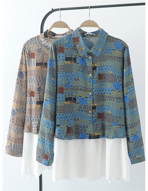 Women Vintage Printed Patchwork Hollowed-out Hem Long Sleeves Shirts