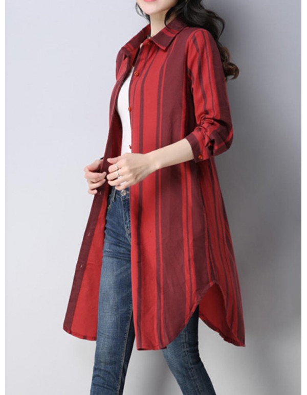 Women Casual Lapel Long Sleeves Striped Long Blouse Shirt