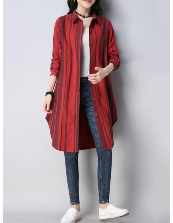 Women Casual Lapel Long Sleeves Striped Long Blouse Shirt