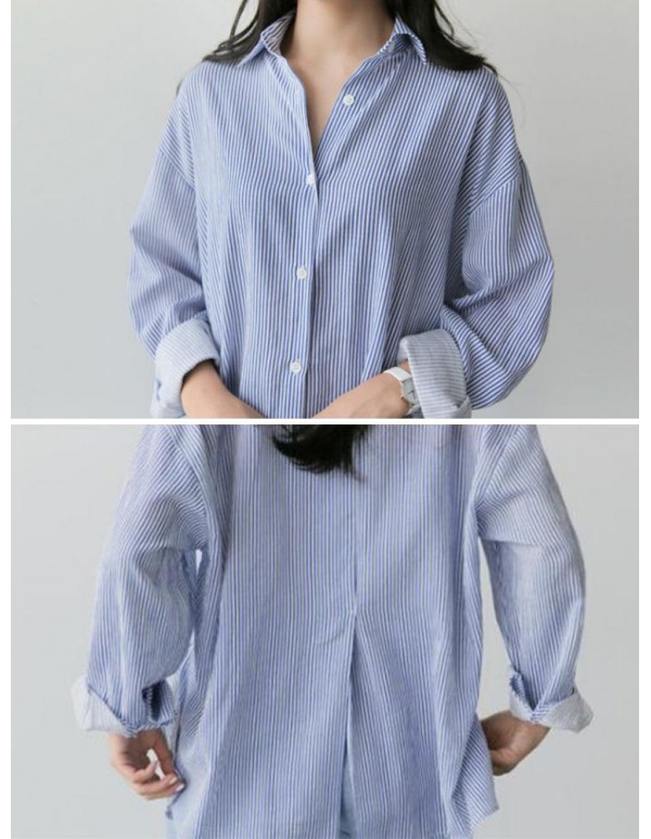 Women Casual Lapel Long Sleeves Split Hem Striped Cotton Shirts