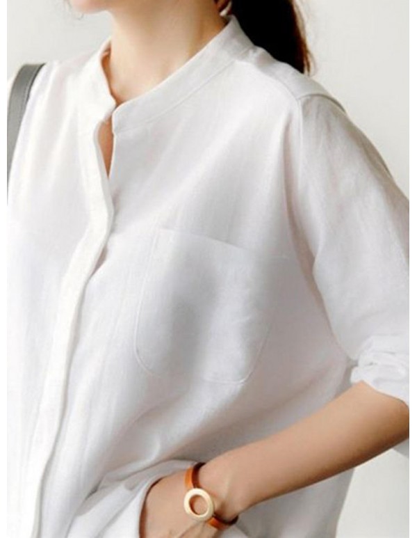 Women Work Style Crew Neck Solid Color Long Sleeves Blouse with Pocket