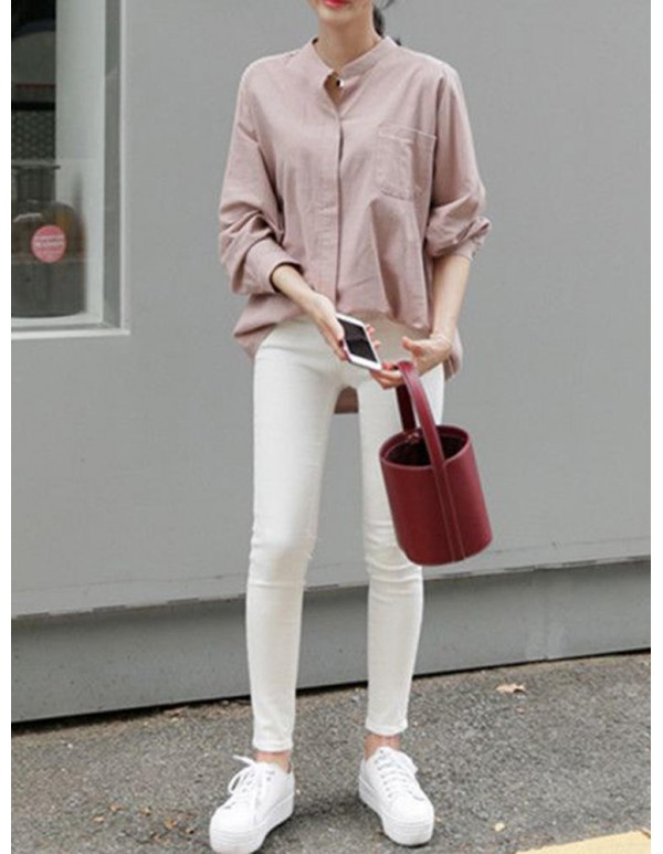 Women Work Style Crew Neck Solid Color Long Sleeves Blouse with Pocket