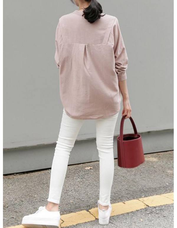 Women Work Style Crew Neck Solid Color Long Sleeves Blouse with Pocket