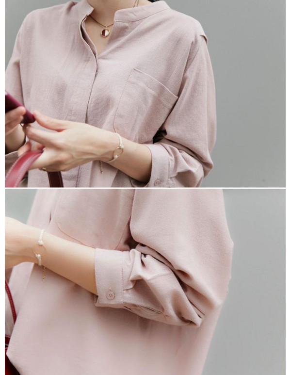 Women Work Style Crew Neck Solid Color Long Sleeves Blouse with Pocket