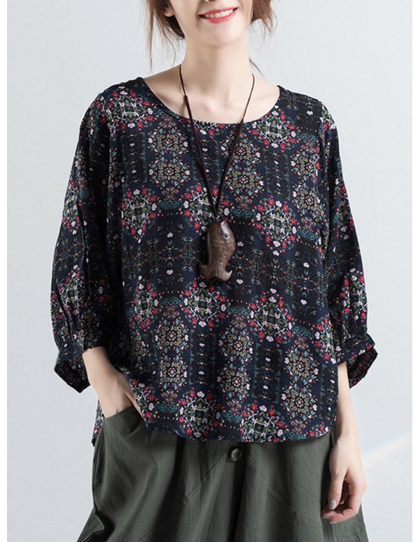 Women Vintage Ethnic Printed o-neck Puff Sleeve Blouse