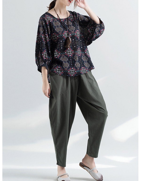 Women Vintage Ethnic Printed o-neck Puff Sleeve Blouse