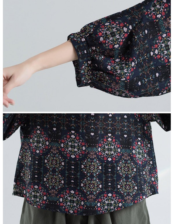 Women Vintage Ethnic Printed o-neck Puff Sleeve Blouse