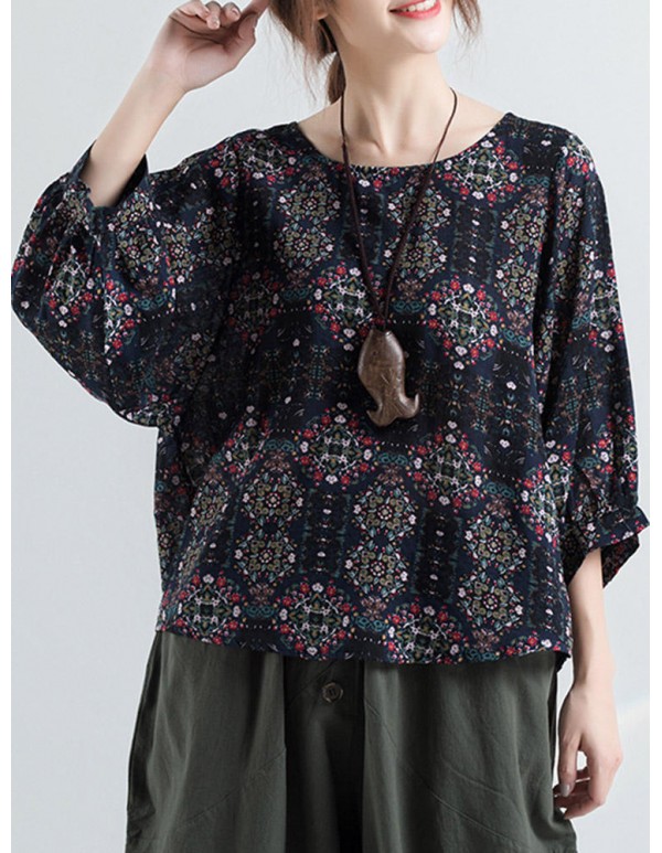 Women Vintage Ethnic Printed o-neck Puff Sleeve Blouse