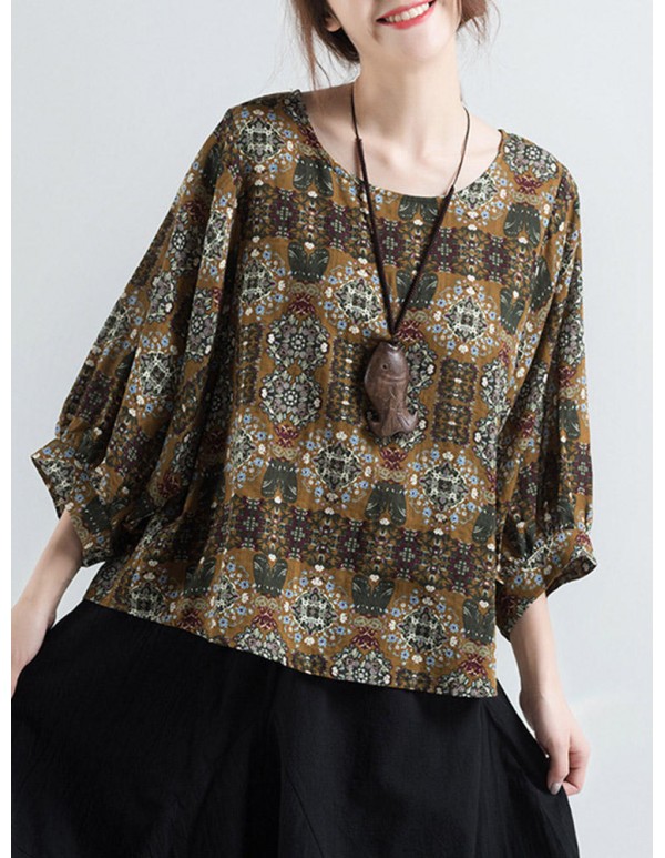 Women Vintage Ethnic Printed o-neck Puff Sleeve Blouse