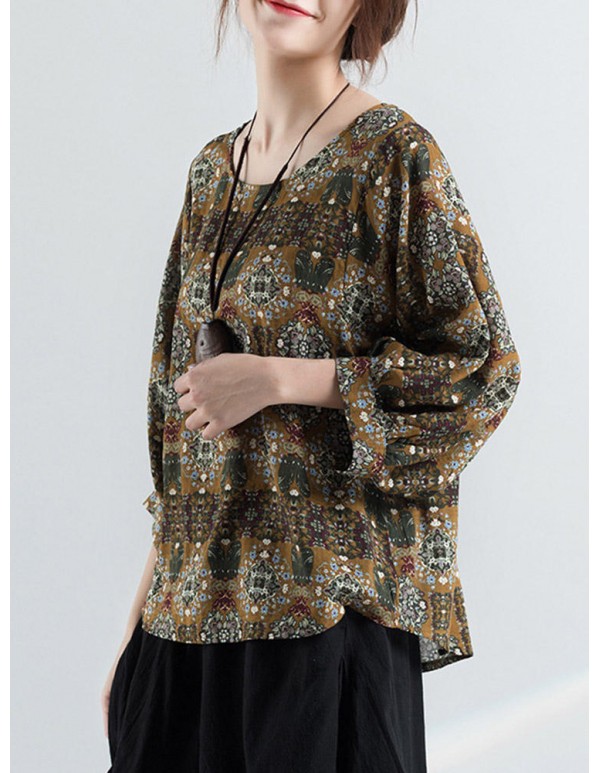 Women Vintage Ethnic Printed o-neck Puff Sleeve Blouse