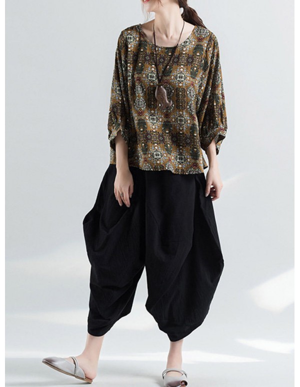 Women Vintage Ethnic Printed o-neck Puff Sleeve Blouse