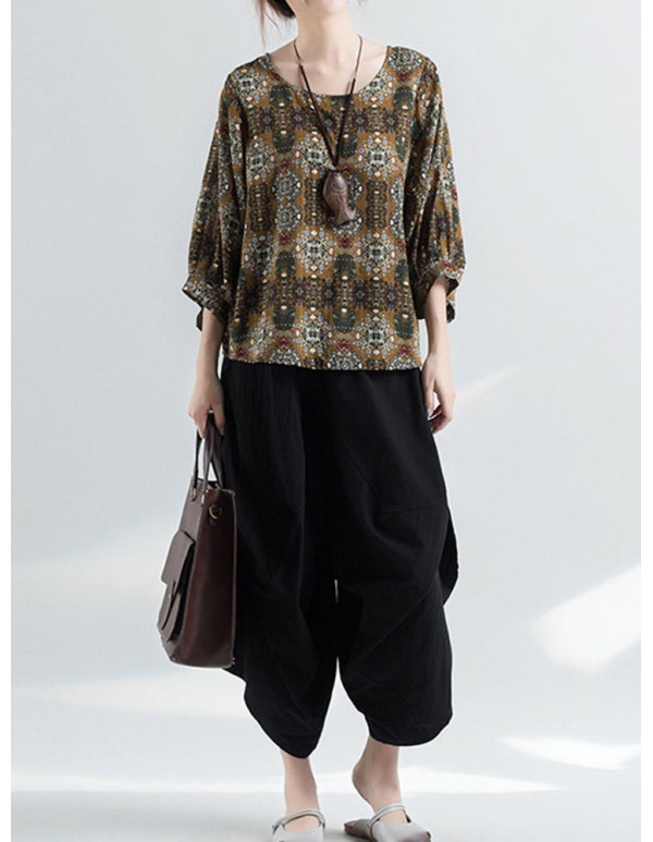 Women Vintage Ethnic Printed o-neck Puff Sleeve Blouse