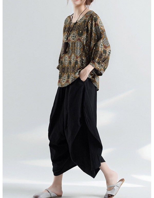 Women Vintage Ethnic Printed o-neck Puff Sleeve Blouse