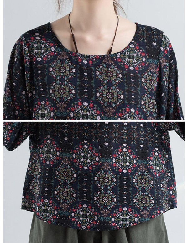 Women Vintage Ethnic Printed o-neck Puff Sleeve Blouse