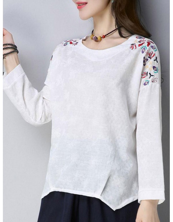 Vintage Embroidery Long Sleeve Irregular Hem Cotton Linen Blouse