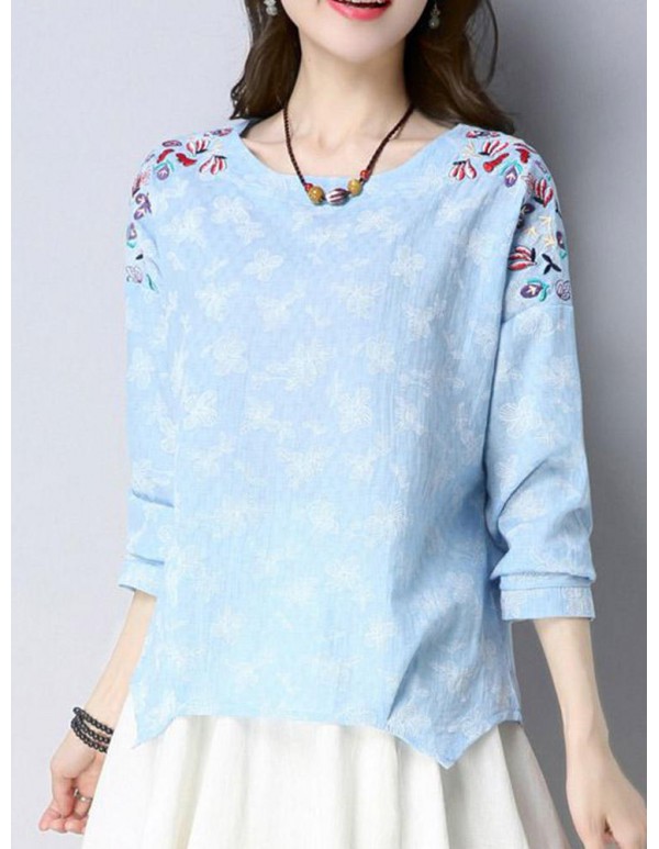 Vintage Embroidery Long Sleeve Irregular Hem Cotton Linen Blouse