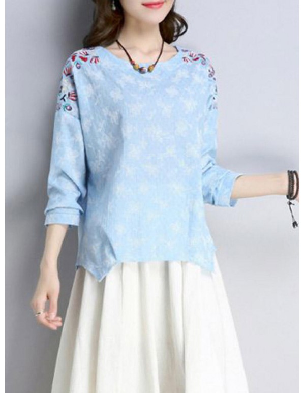 Vintage Embroidery Long Sleeve Irregular Hem Cotton Linen Blouse