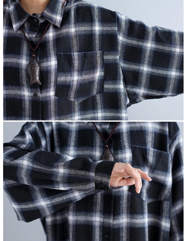 Women Casual Plaid Long Sleeve Long Shirt Blouse with Pockets