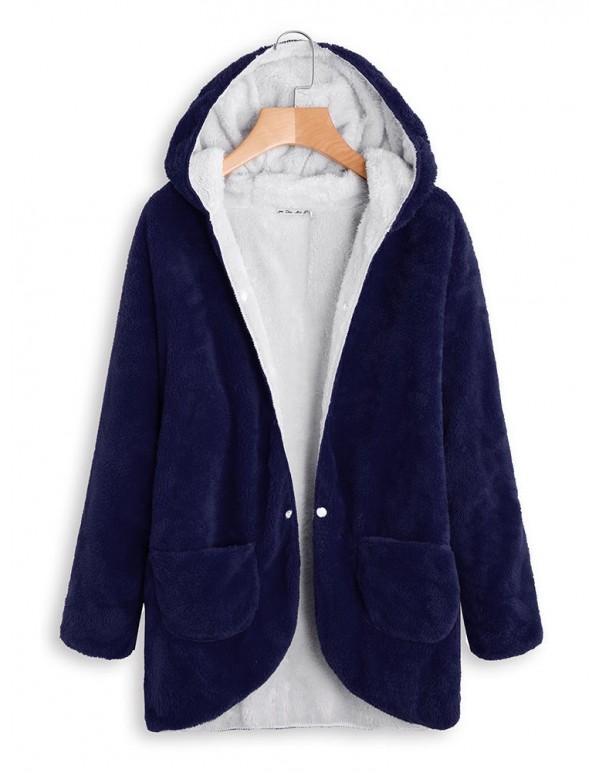 Women Fleece Casual Loose Reversible Hooded Coats with Pockets