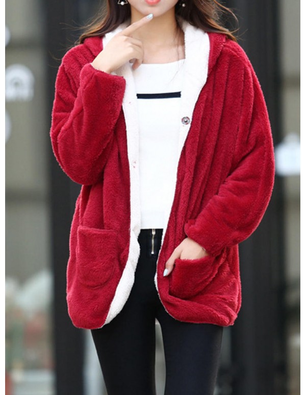 Women Fleece Casual Loose Reversible Hooded Coats with Pockets