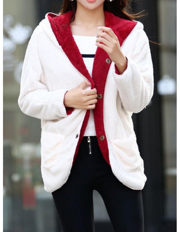 Women Fleece Casual Loose Reversible Hooded Coats with Pockets