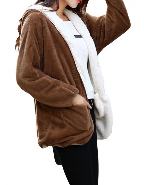 Women Fleece Casual Loose Reversible Hooded Coats with Pockets