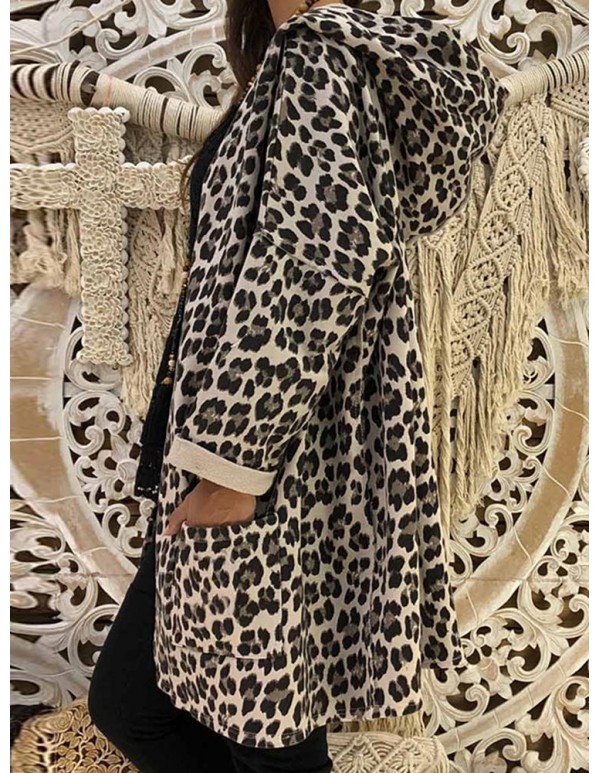 Women Trendy Leopard Print Hooded Outwear Coats