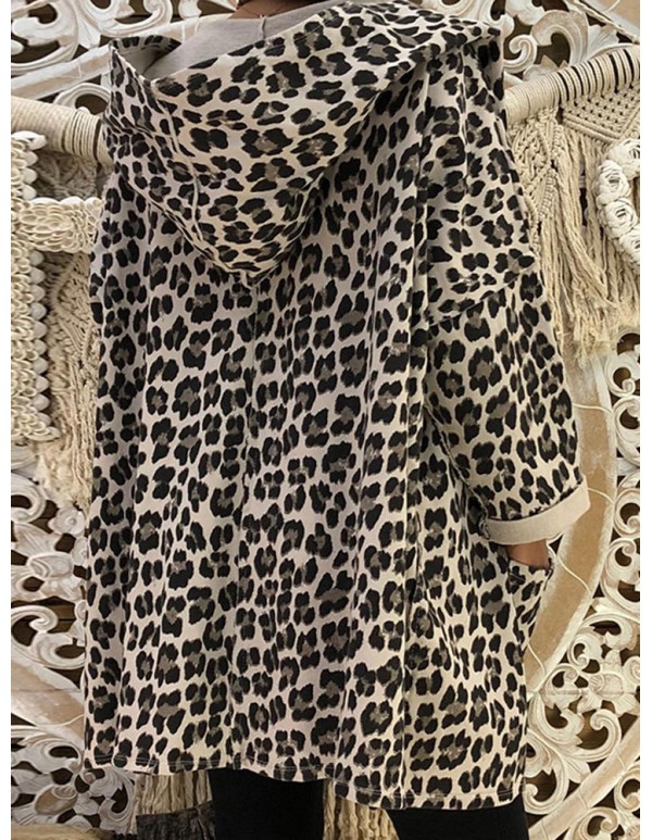 Women Trendy Leopard Print Hooded Outwear Coats