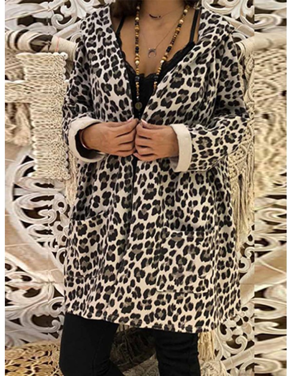 Women Trendy Leopard Print Hooded Outwear Coats