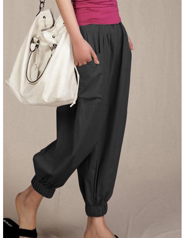 S-5XL Casual Elastic Waist Solid Color Trousers Harem Pants